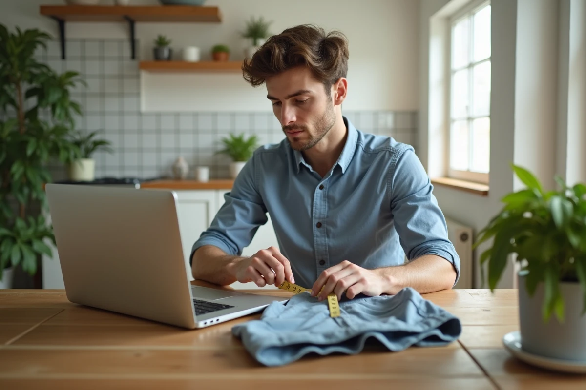 Homme mesurant un vêtement dans une cuisine lumineuse