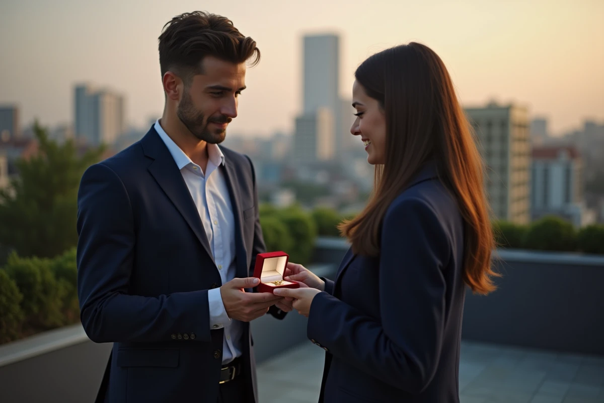 Homme présentant une bague en or sur un toit urbain au crépuscule