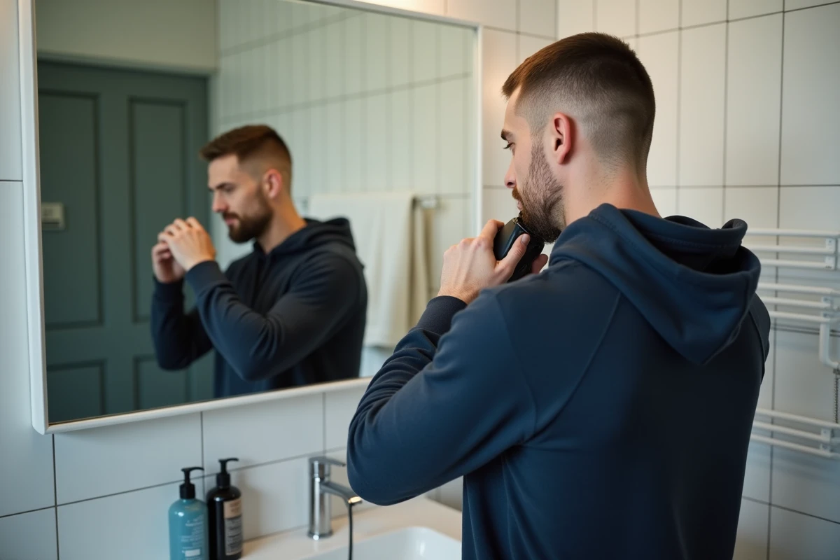 Jeune homme se rasant dans sa salle de bain à la maison