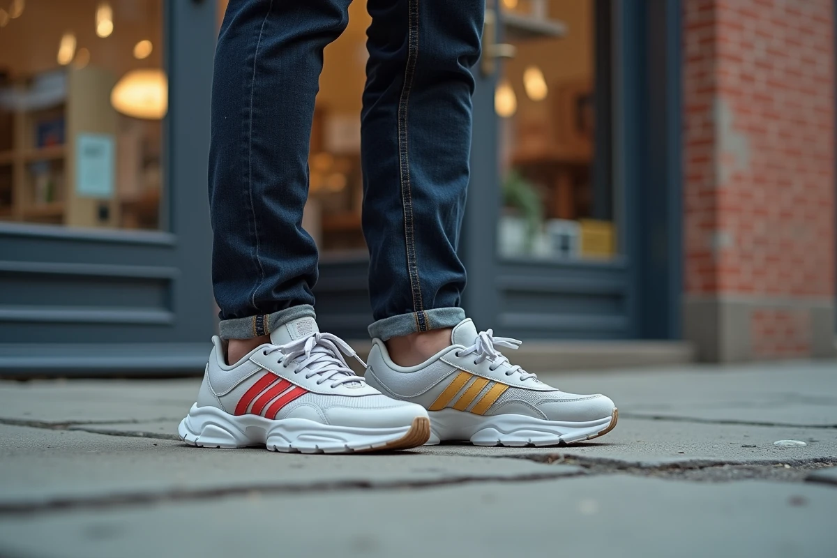Jeune homme en jean indigo et sneakers chunky colorées debout sur un trottoir urbain usé, vue en contre-plongée valorisant le profil de la chaussure