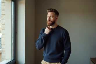 Homme élégant avec barbe et pull bleu en intérieur