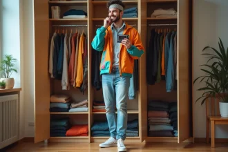 Homme souriant en mode vintage dans un salon moderne