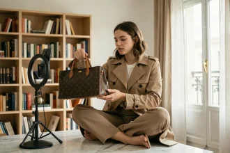 Influenceuse filmant un sac à main de luxe monogramme pour ses réseaux sociaux dans un appartement parisien
