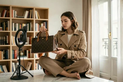 Influenceuse filmant un sac à main de luxe monogramme pour ses réseaux sociaux dans un appartement parisien
