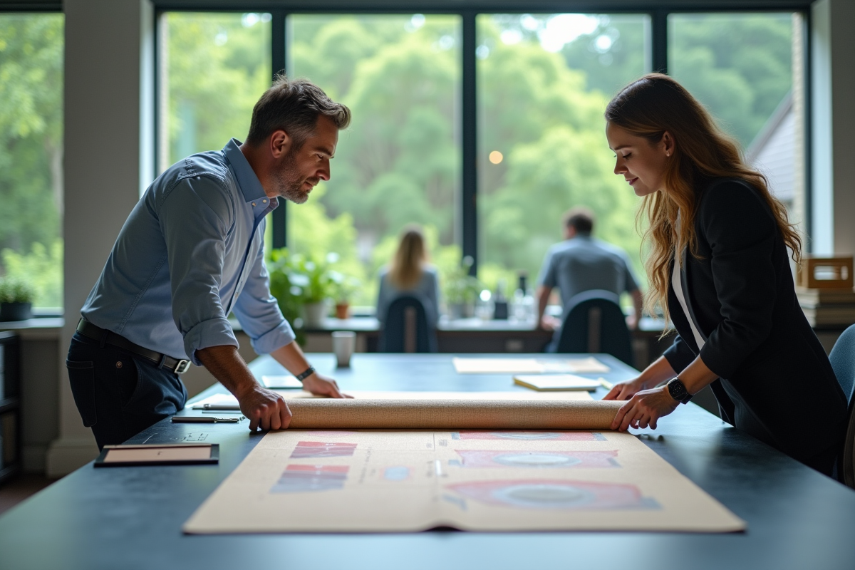 Ingénieur en textile futuriste discute avec collègue dans studio