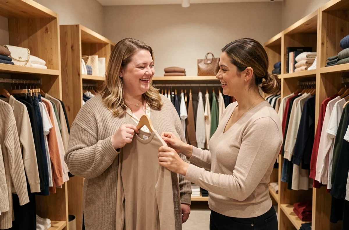 Cliente et conseillère en boutique Initiale D à Besançon lors d'une séance de conseil en mode grande taille