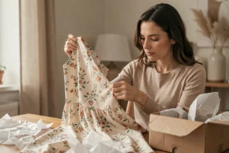 Femme inspectant une robe reçue d'une commande en ligne sur un site de couture, examinant la qualité des coutures et du tissu