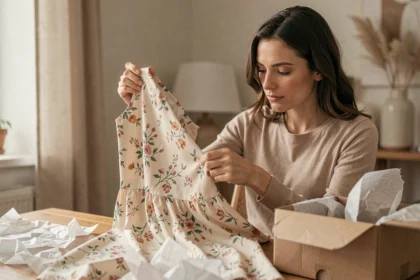 Femme inspectant une robe reçue d'une commande en ligne sur un site de couture, examinant la qualité des coutures et du tissu