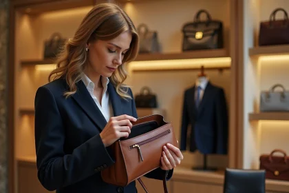 Femme inspectant l'étiquette intérieure d'un sac en cuir made in France dans une boutique parisienne