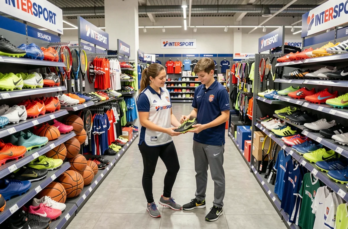Vendeuse Intersport Besançon aidant un jeune client à choisir des chaussures de football dans un grand magasin multisport
