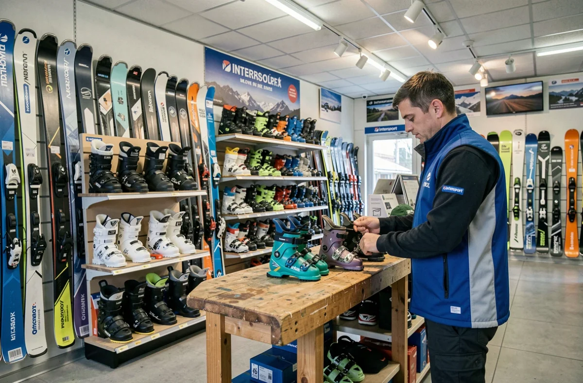 Employé Intersport Morez dans le Jura arrangeant des équipements de ski dans le rayon sports d'hiver du magasin