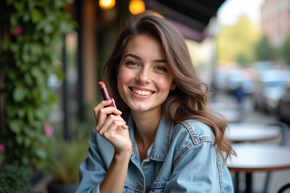 Jeune femme brune souriante au café avec rouge à lèvres mauve