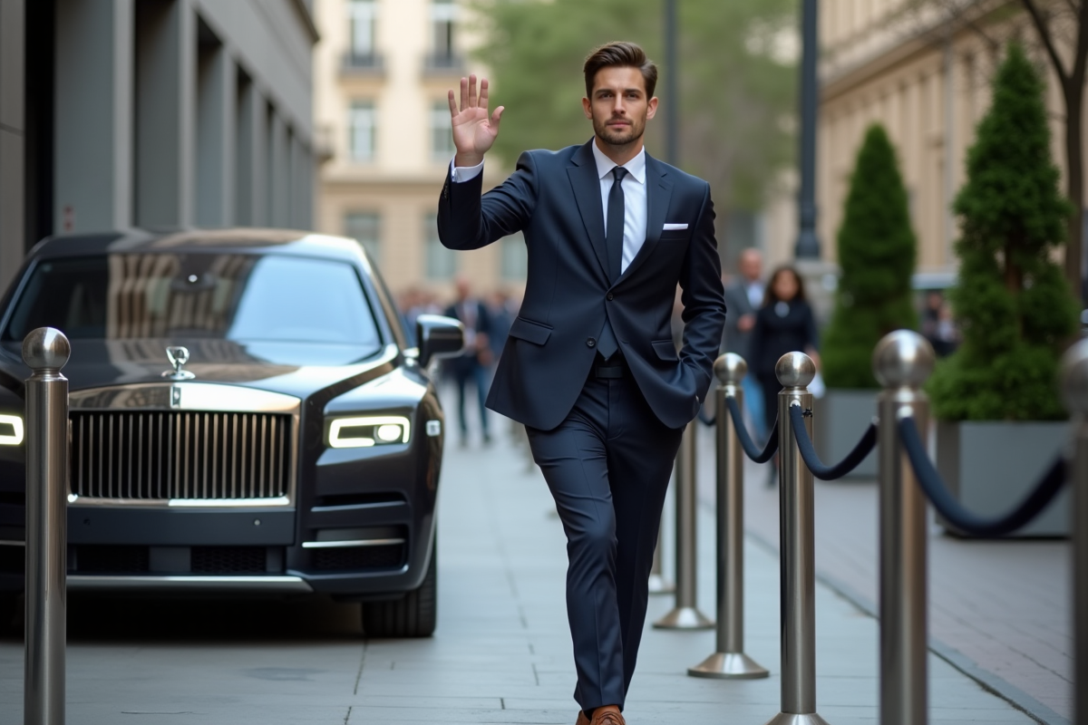 Jeune célébrité en costume marche devant voiture luxe