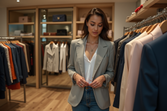 Jeune femme élégante dans une boutique de mode haut de gamme