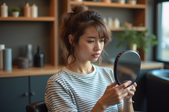 Jeune femme regardant son reflet avec inquiétude après une coupe de cheveux
