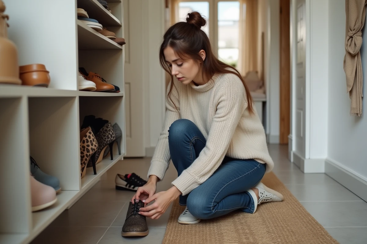 Jeune femme regardant deux arbres à chaussures anciens et neufs