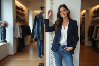 Jeune femme en blazer et jeans près d'une règle de taille en boutique