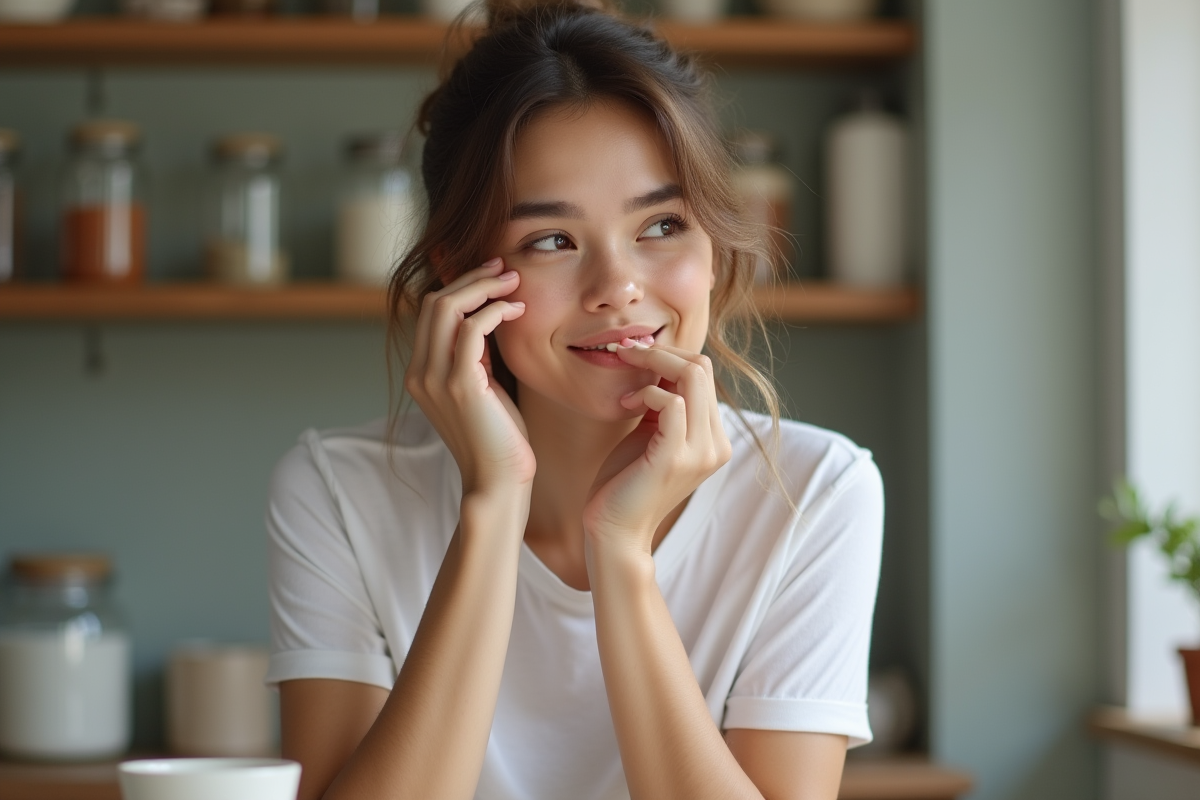 Jeune femme appliquant un baume à lèvres naturel
