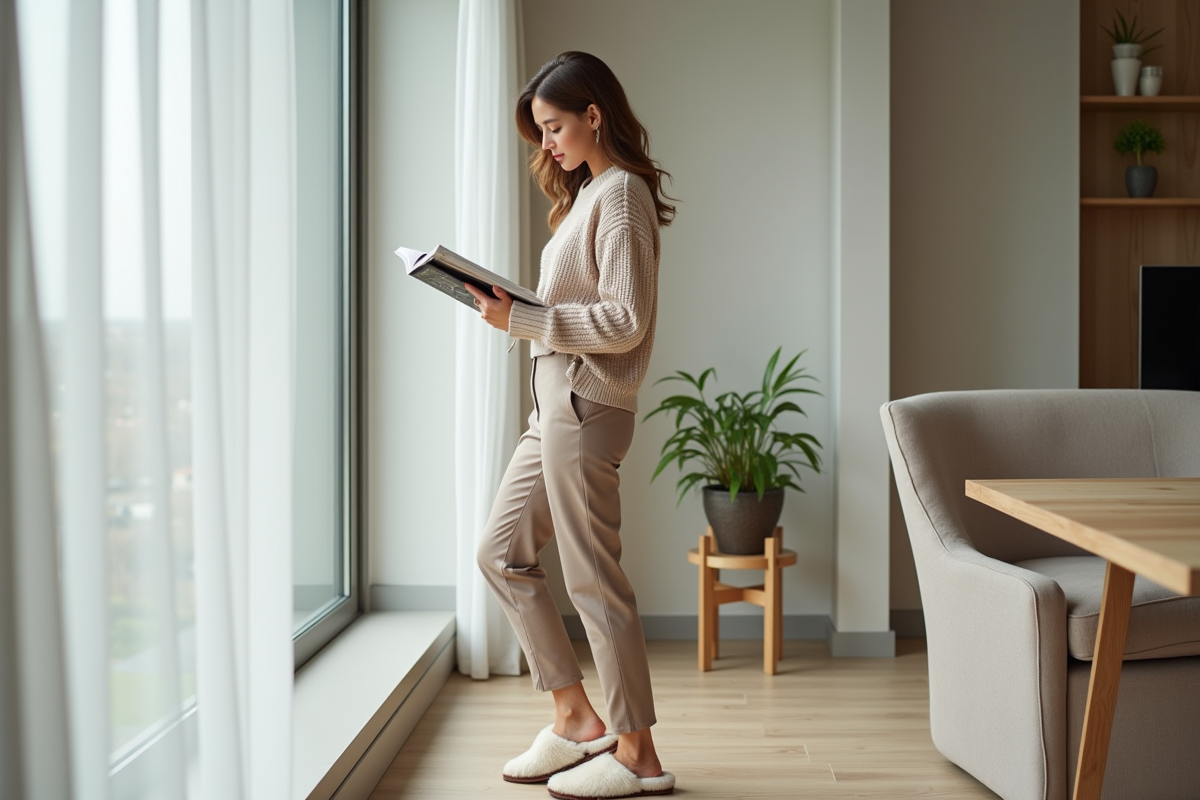 Jeune femme élégante lisant un magazine avec slippers en fourrure