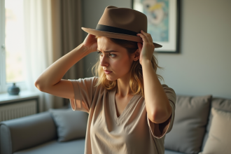 Jeune femme dans un salon moderne essaie un fedora trop serré
