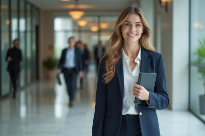 Jeune femme confiante en costume dans un bureau moderne