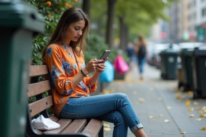Jeune femme sur un banc urbain avec déchets et sacs de mode rapide