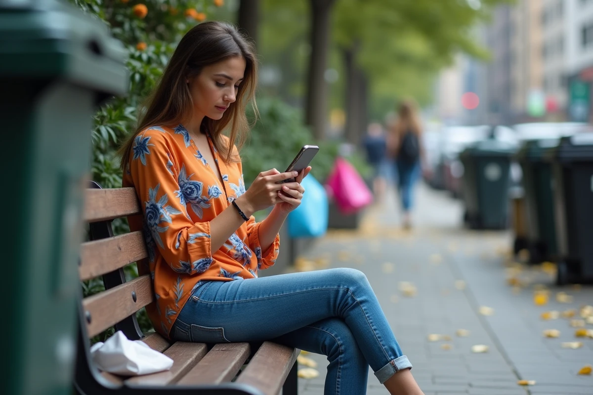 Jeune femme sur un banc urbain avec déchets et sacs de mode rapide