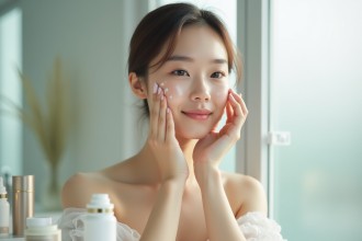Jeune femme appliquant une creme koreenne visage dans une salle lumineuse