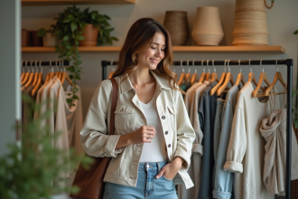 Jeune femme en boutique de vêtements durables souriante