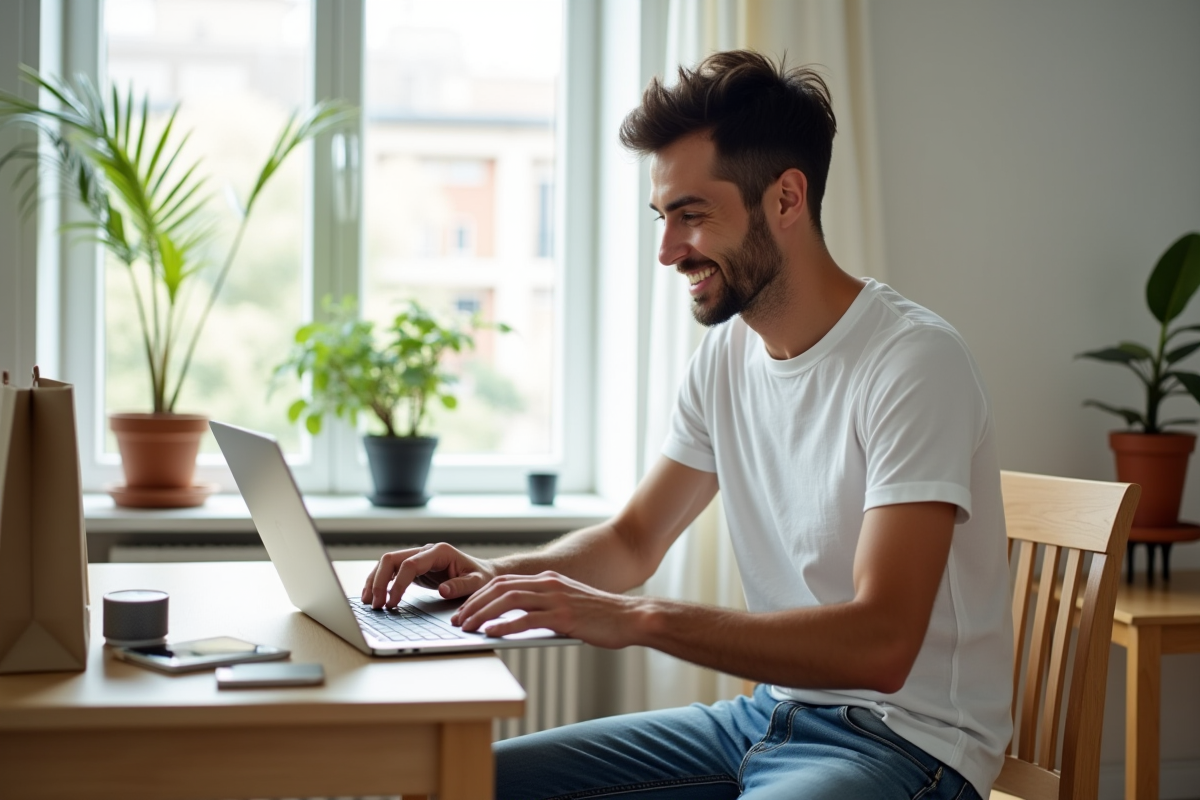 Jeune homme souriant faisant un achat en ligne à son bureau à la maison