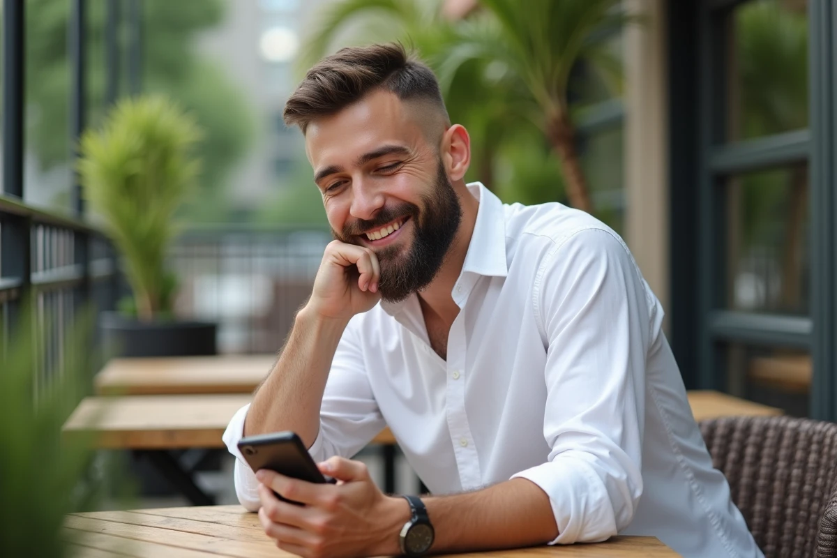 Jeune homme souriant avec chemise blanche en terrasse
