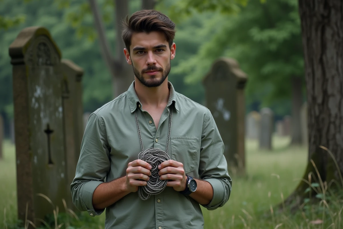 Jeune homme dans un cimetière, tenant un collier en argent