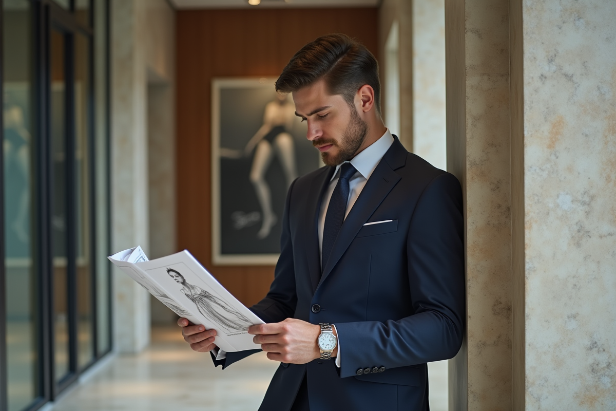 Jeune homme en costume regardant des croquis de mode