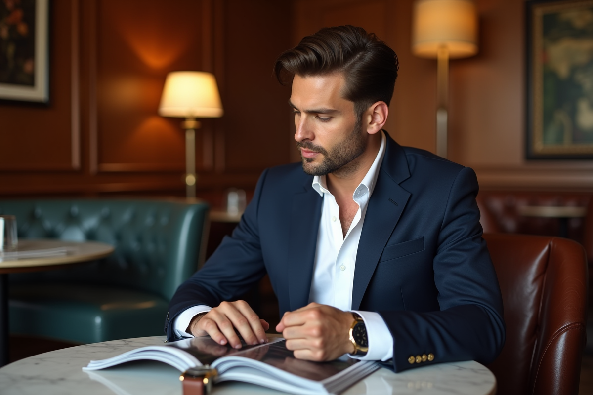 Jeune homme en blazer dans un lounge sophistiqué