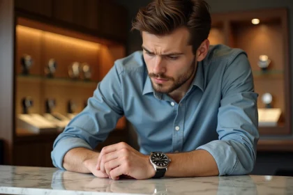 Jeune homme examine une montre de luxe dans une boutique élégante