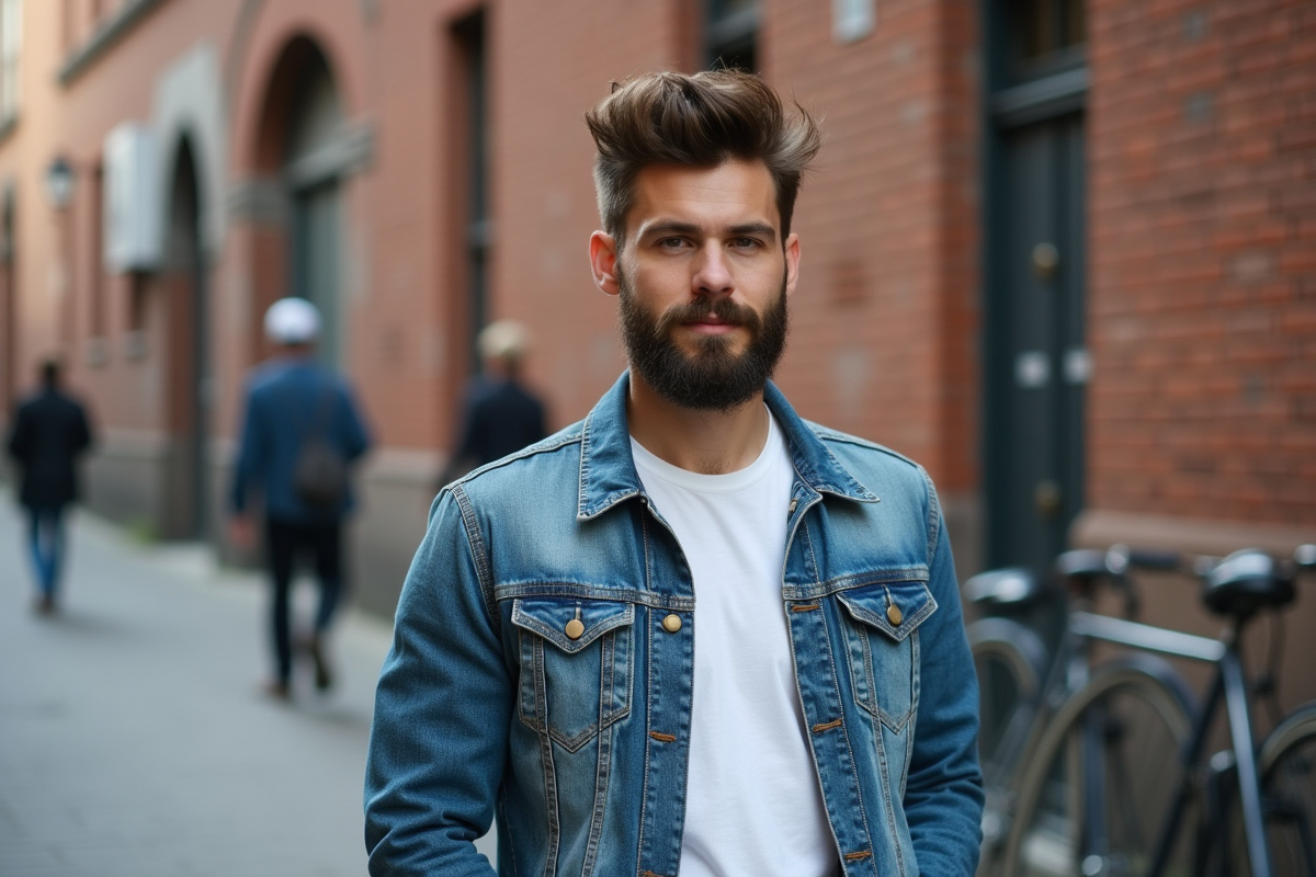 Jeune homme avec barbe dans une rue urbaine