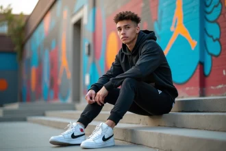 Jeune homme en tenue de sport devant un mur de basketball