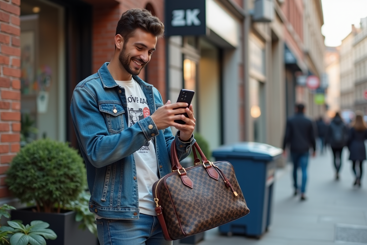 Jeune homme photographiant un sac à main en ville
