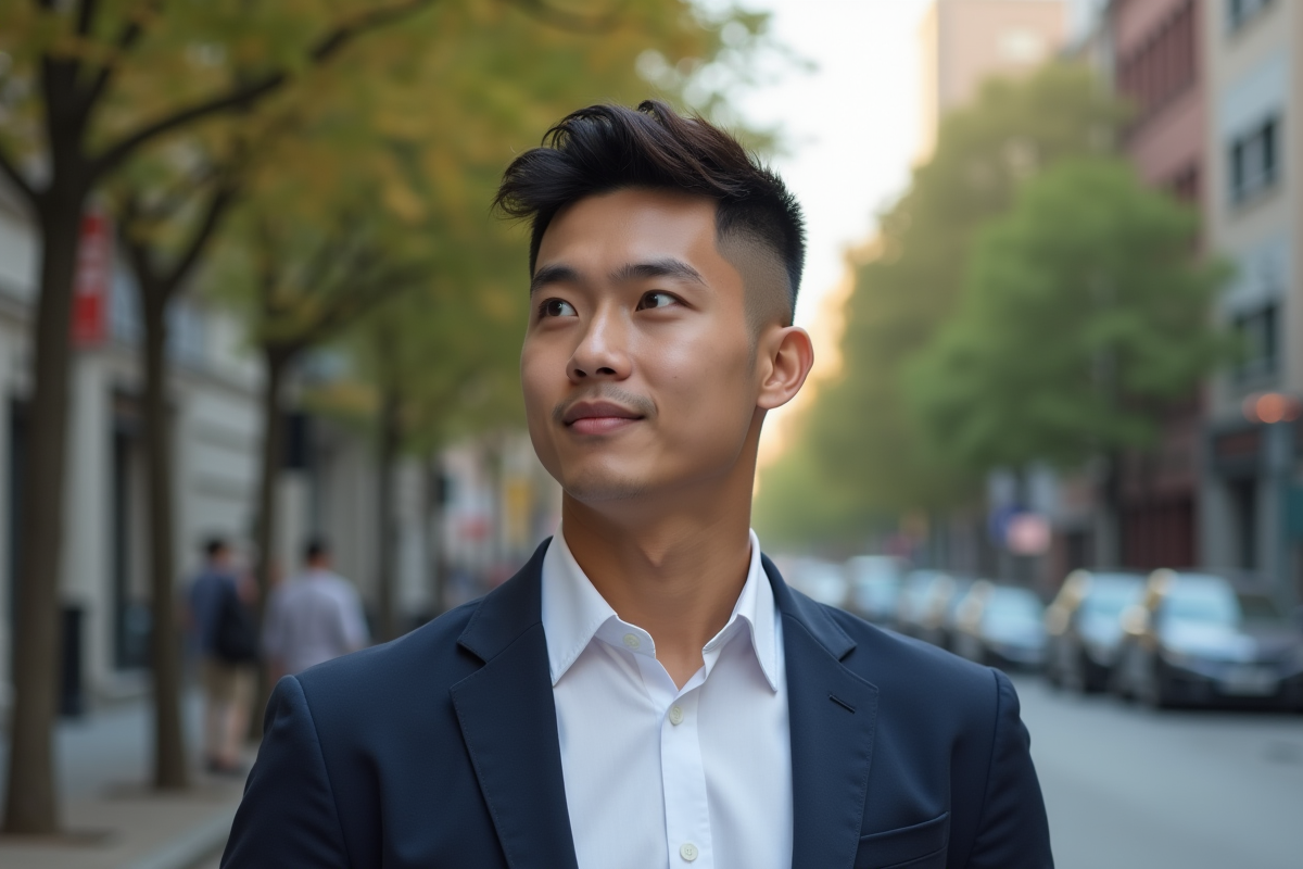 Jeune homme en ville avec coiffure tendance