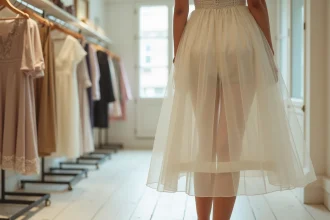 Femme portant un jupon sous une robe midi pour une silhouette fluide et élégante sans marquer les formes