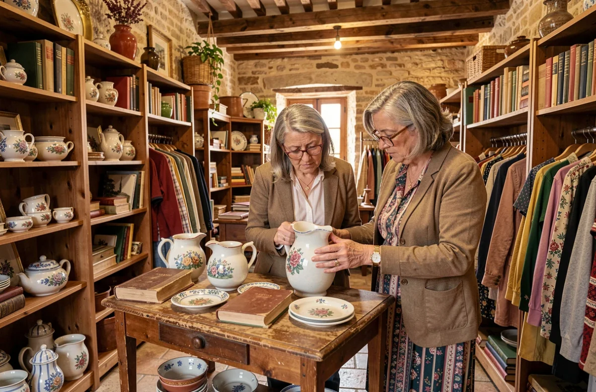 Cliente inspectant une céramique vintage parmi les trésors chinés chez La Chineuse à Draguignan