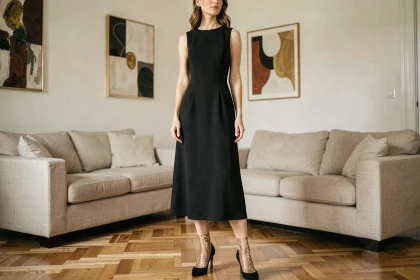 Femme en robe noire midi portant des chaussettes paillettes dorées avec des escarpins noirs pour un look soirée raffiné