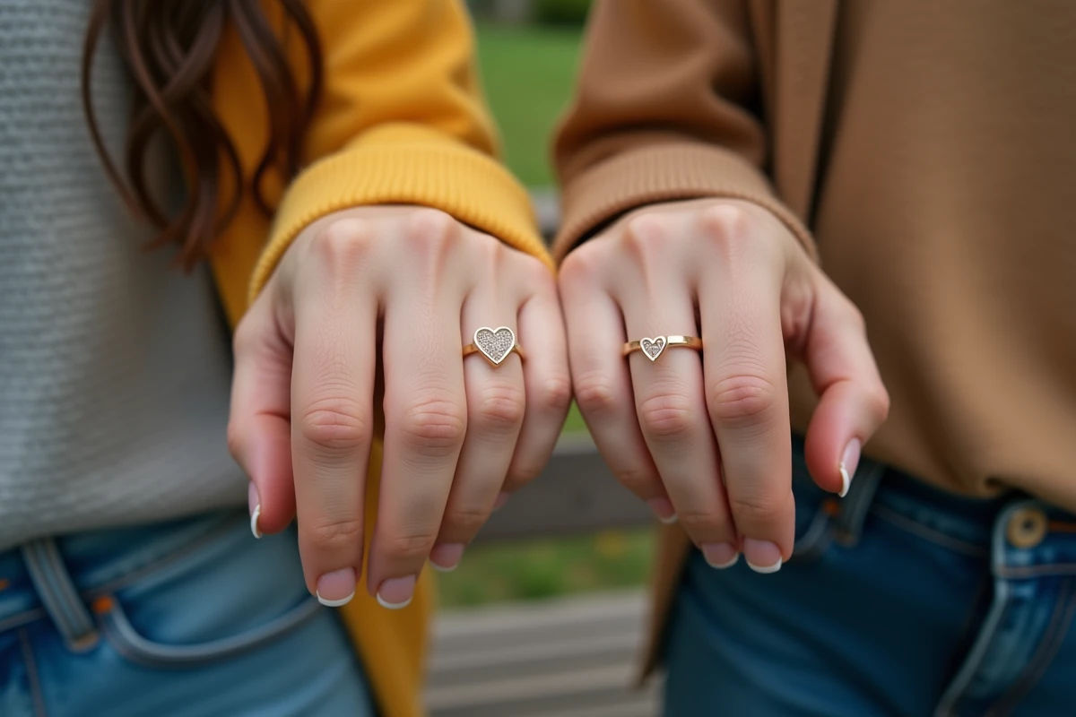 Mains de jeunes femmes avec bagues BFF en extérieur