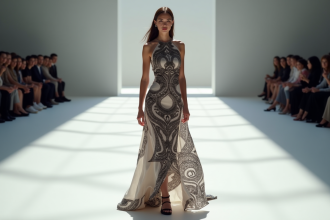 Mannequin portant une robe couture avec motifs maoris