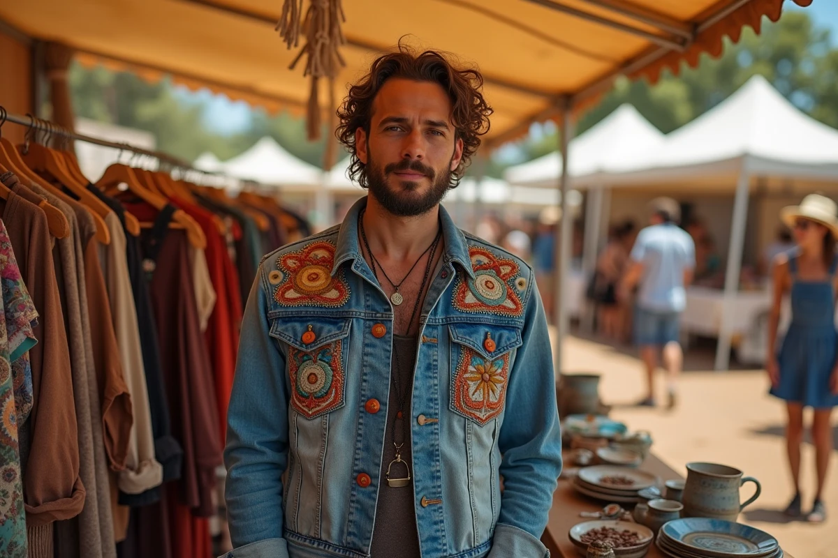 Homme portant une veste en jean brodée à la main dans un marché artisanal hippie avec des vêtements faits main exposés