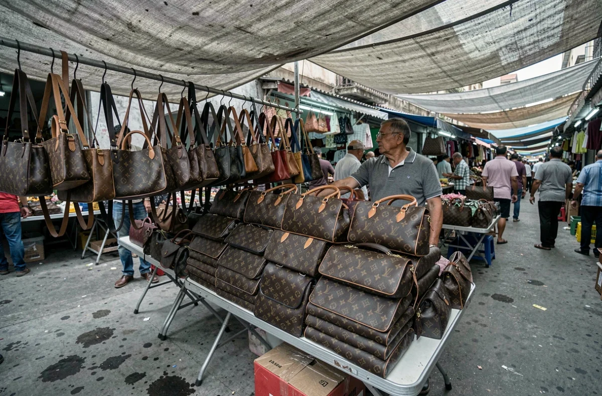 Étal de marché vendant des contrefaçons de sacs à main de luxe avec logos imités et coutures irrégulières