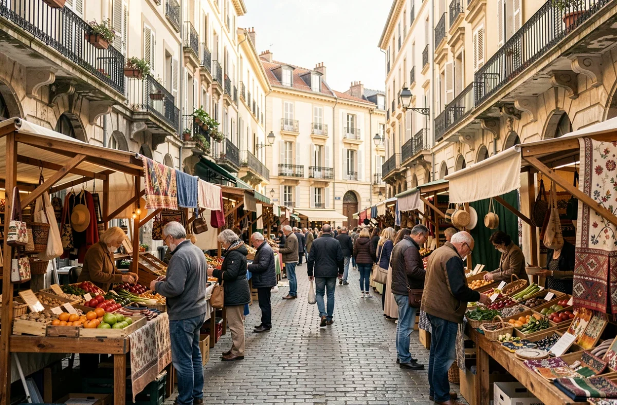 Marché de rue animé à Marseille avec des étals de produits locaux et d'artisanat régional
