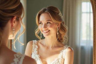 Mariée souriante avec cheveux ondulés et maquillage naturel