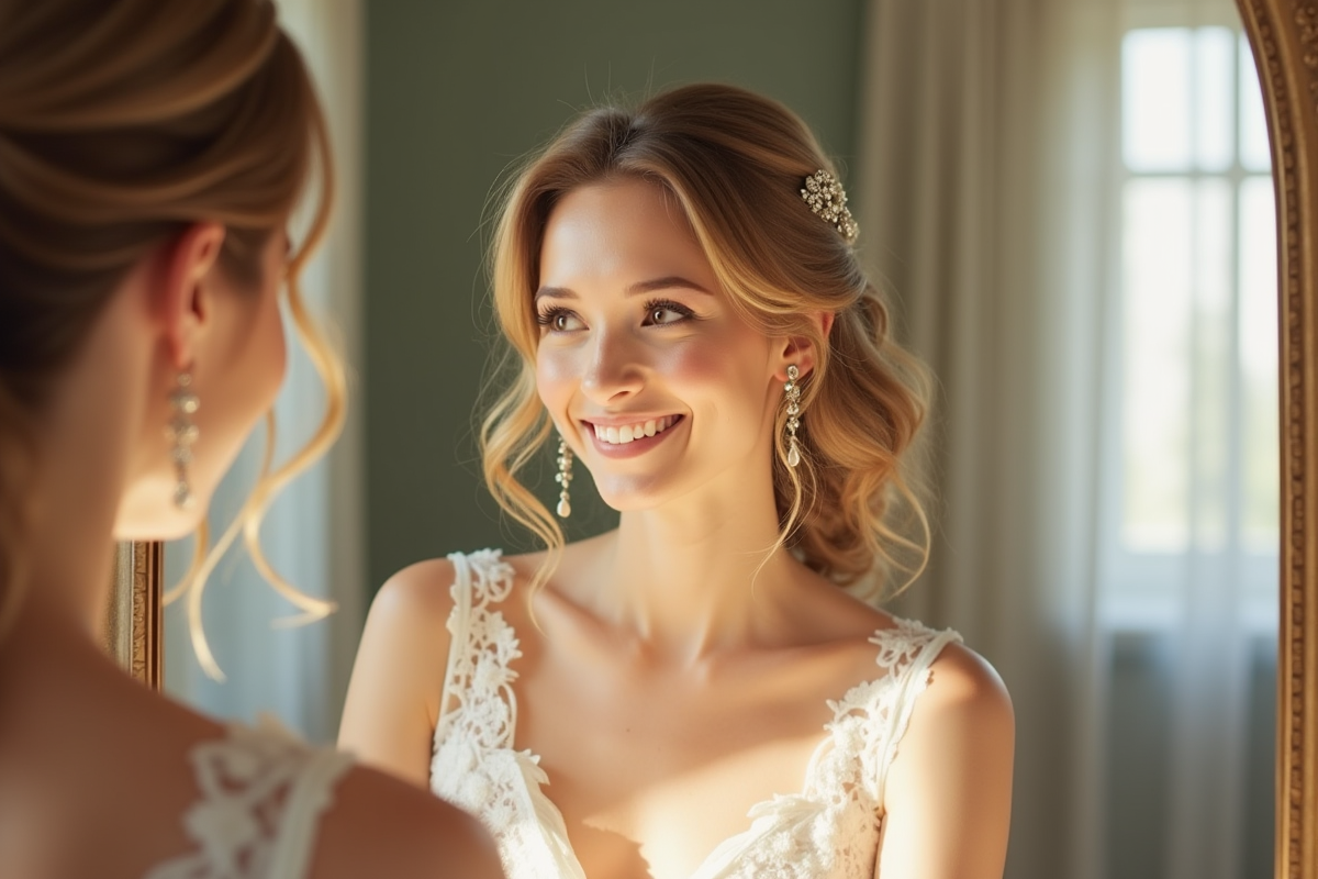 Mariée souriante avec cheveux ondulés et maquillage naturel