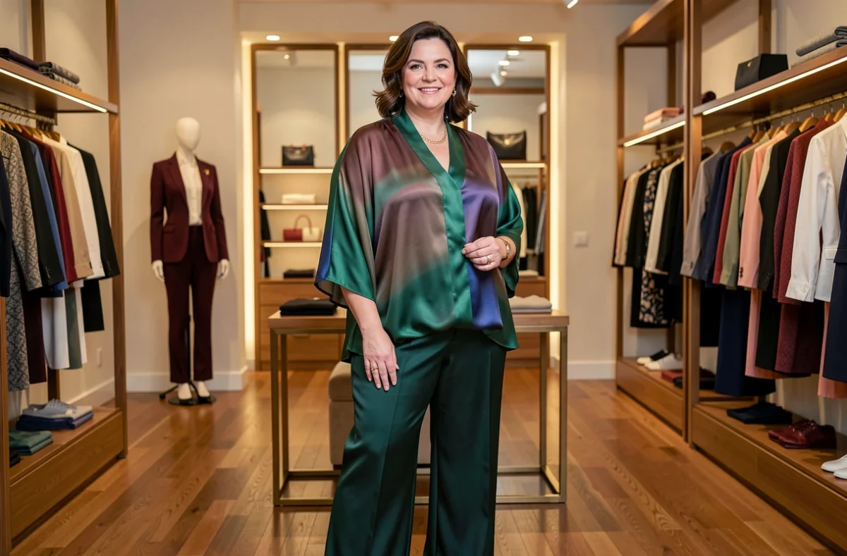 Femme épanouie vêtue d'une tenue italienne Marina Rinaldi dans une boutique de prêt-à-porter grande taille à Dijon